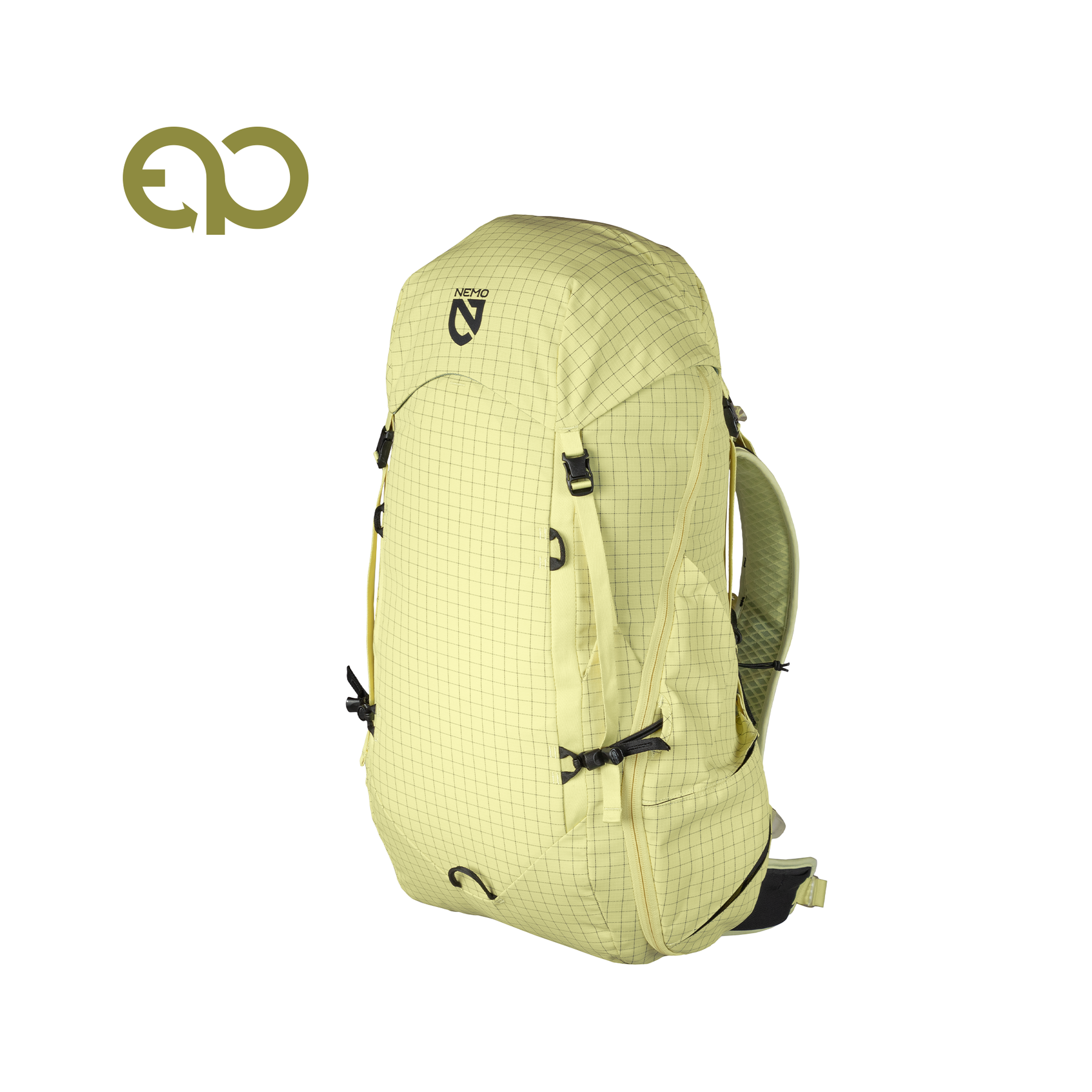 A light yellow NEMO Equipment Resolve™ Men’s 35L Endless Promise® Technical Active Daypack with a grid pattern and multiple straps, shown on a white background with the EQ logo; part of the Endless Promise® collection.