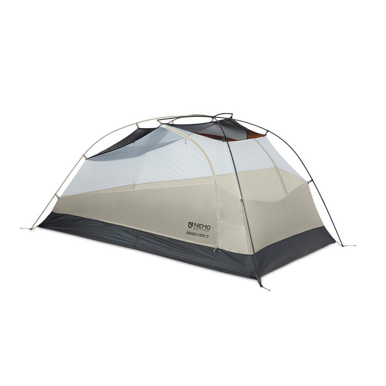 The NEMO Equipment Dragonfly OSMO™ Ultralight Backpacking Tent is a lightweight, gray and black two-person freestanding tent with mesh upper panels and a single door, shown set up on a white background.