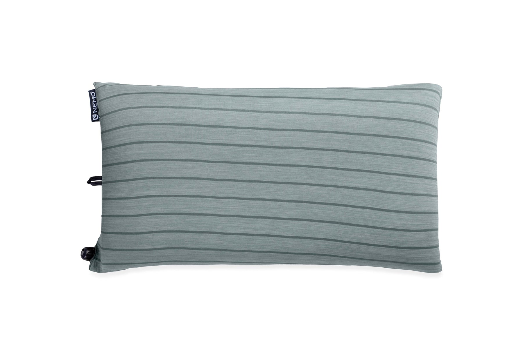 The NEMO Equipment Fillo™ Wide Camping Pillow is a rectangular, light gray pillow with horizontal stripes and a small black tag on the side, featuring a cushioned sleeping surface and shown on a white background.